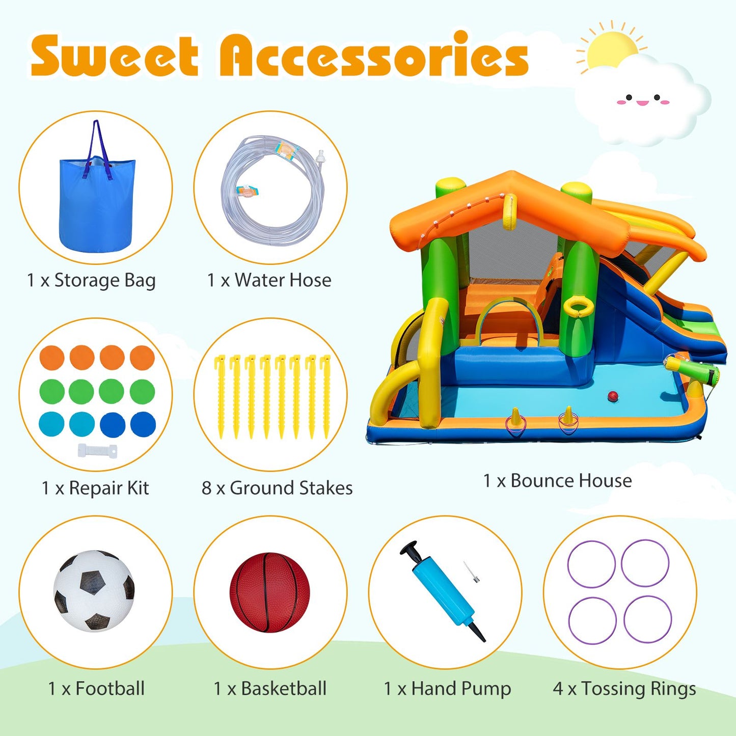 8-In-1 Inflatable Bounce House Water Park with Slide for Kids 3-12