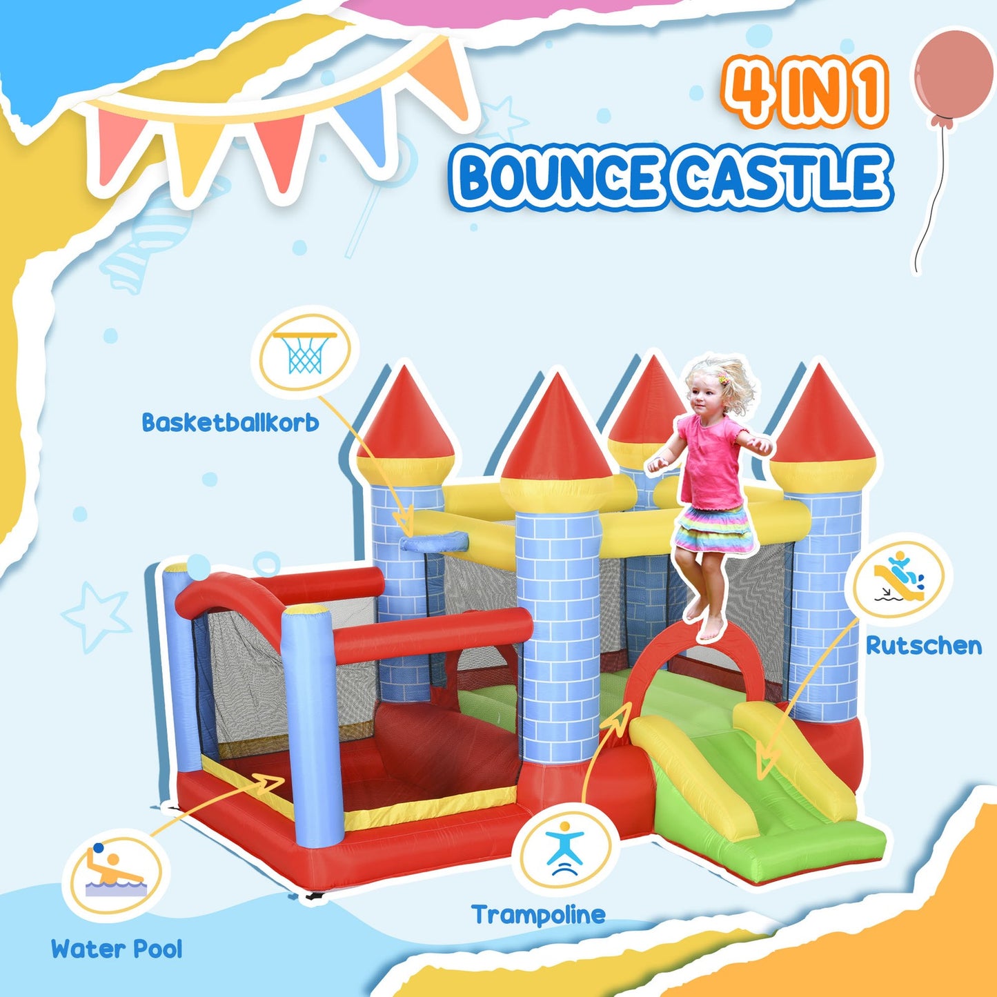 Multi-Activity Bouncy Castle, with Blower, Kids Bounce House, Multicoloured