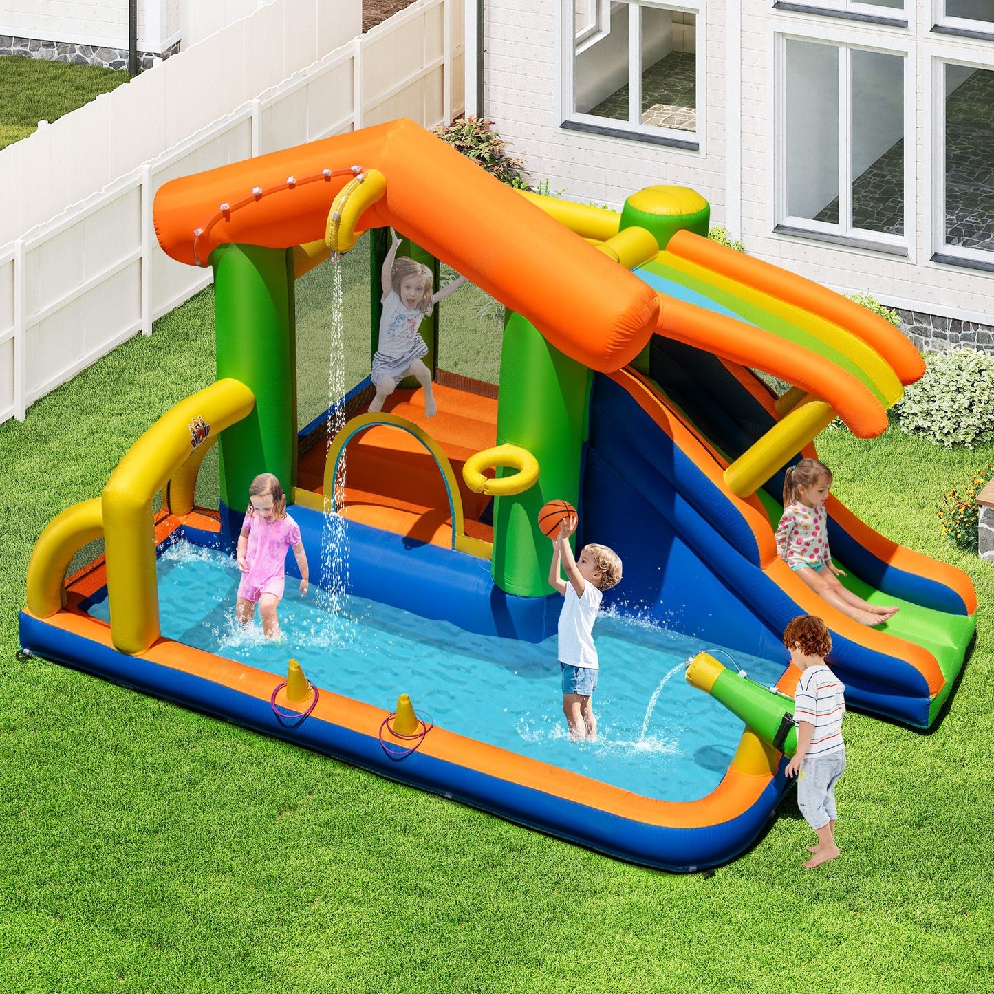 8-In-1 Inflatable Bounce House Water Park with Slide for Kids 3-12