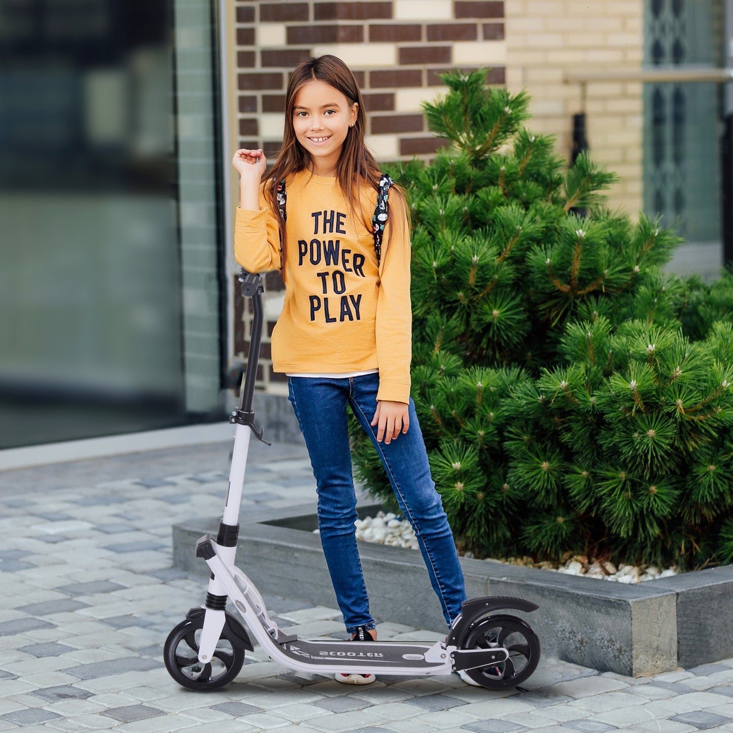 HOMCOM Folding Kick Scooter Teens Adult Ride on Adjustable 2 Big Wheels White