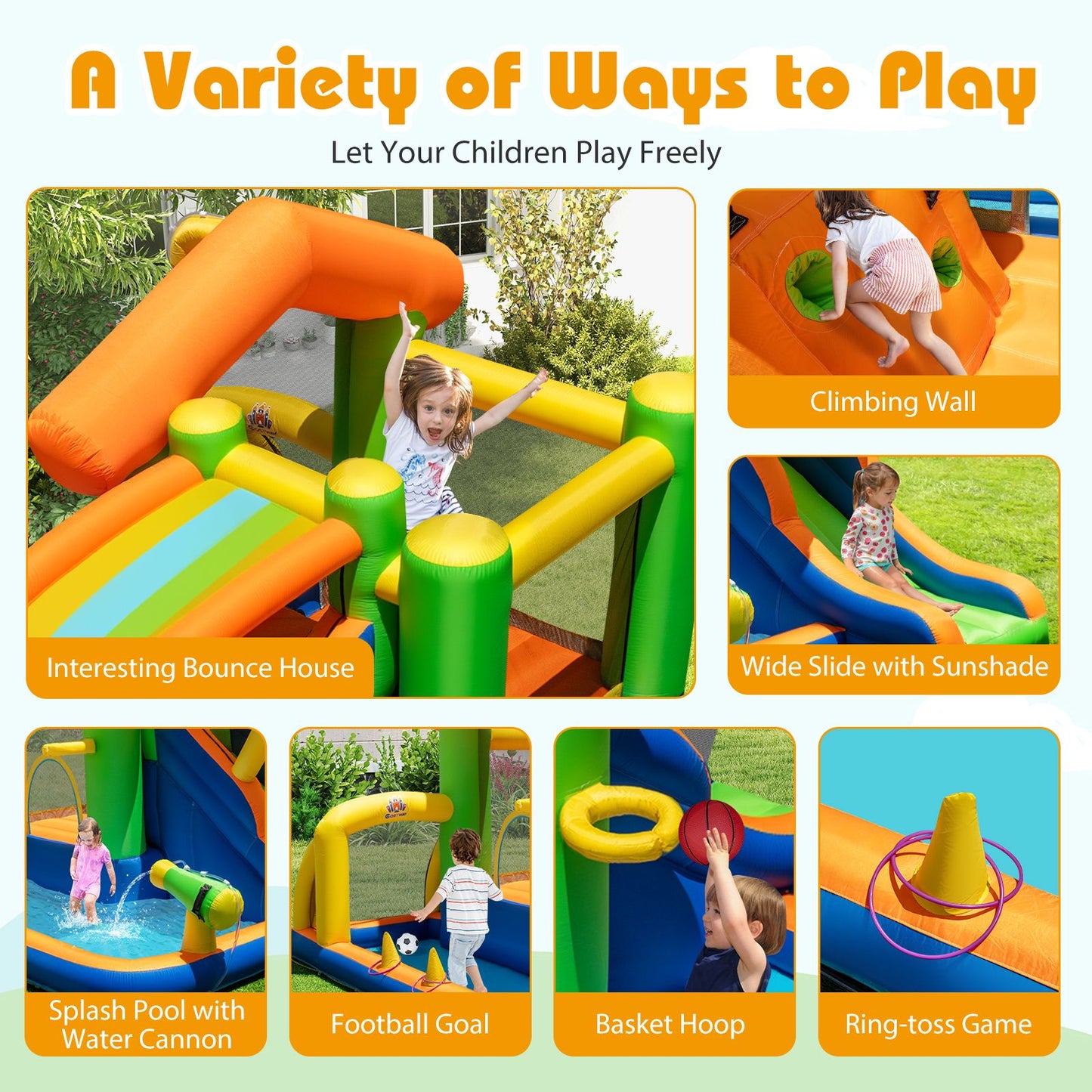 8-In-1 Inflatable Bounce House Water Park with Slide for Kids 3-12