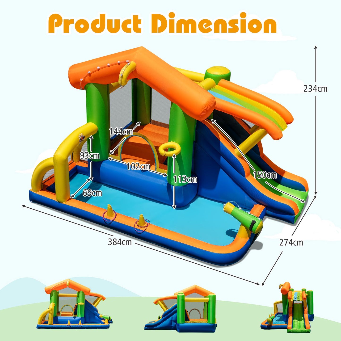 8-In-1 Inflatable Bounce House Water Park with Slide for Kids 3-12