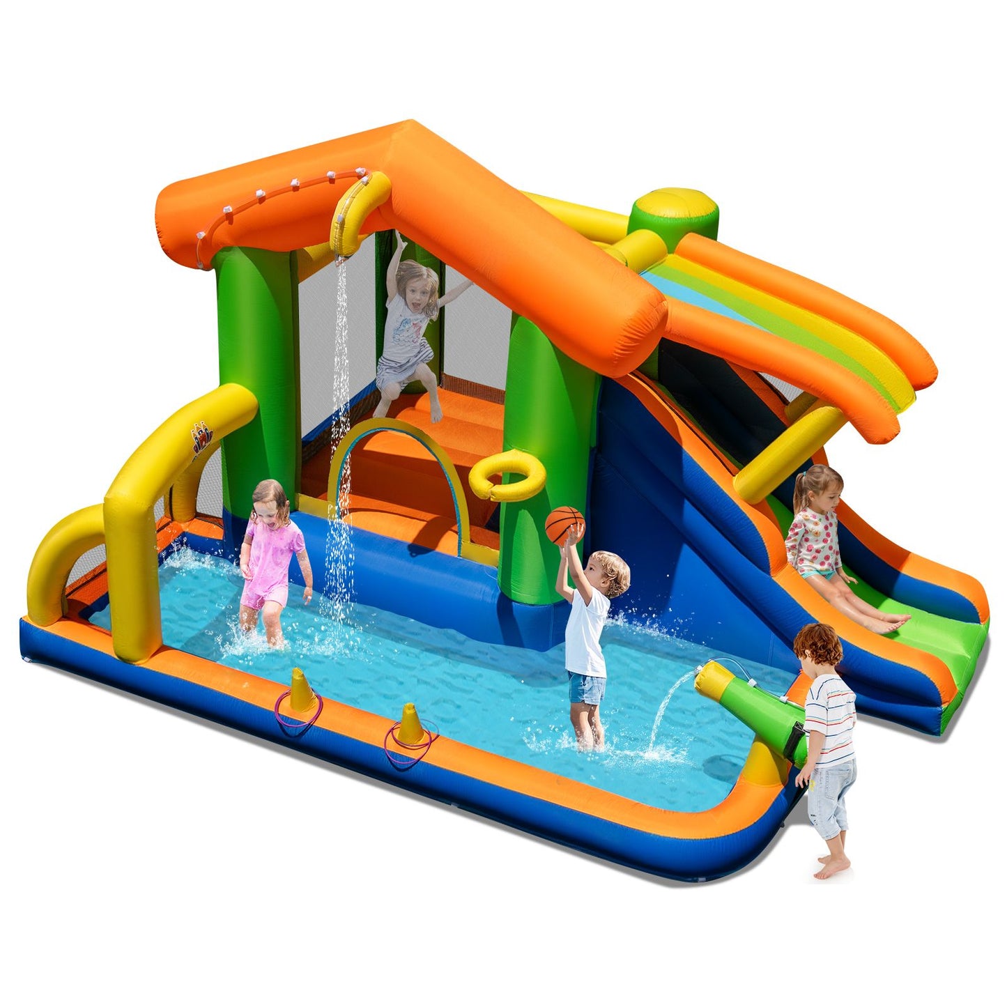 8-In-1 Inflatable Bounce House Water Park with Slide for Kids 3-12