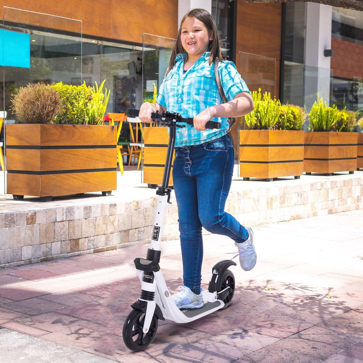 HOMCOM Folding Kick Scooter Teens Adult Ride on Adjustable 2 Big Wheels White