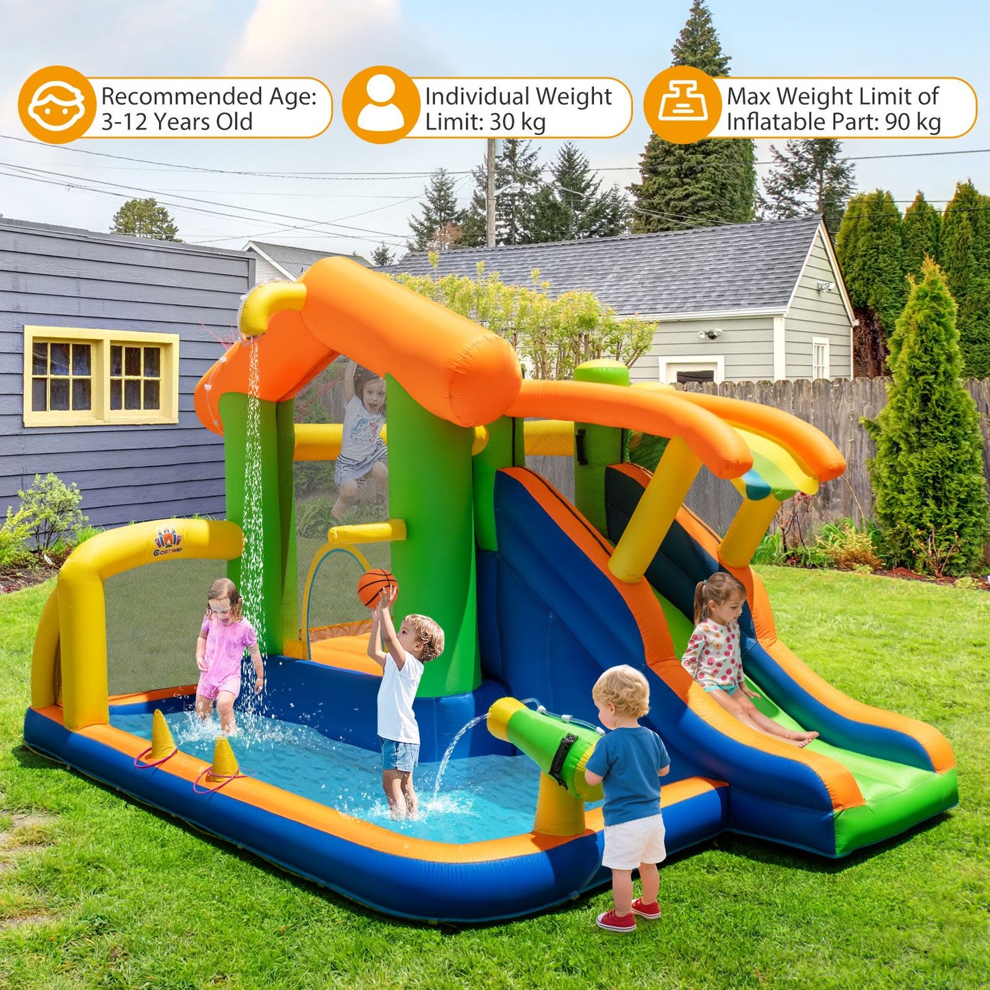 8-In-1 Inflatable Bounce House Water Park with Slide for Kids 3-12