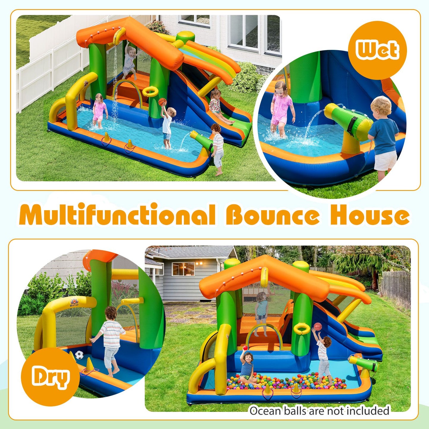 8-In-1 Inflatable Bounce House Water Park with Slide for Kids 3-12