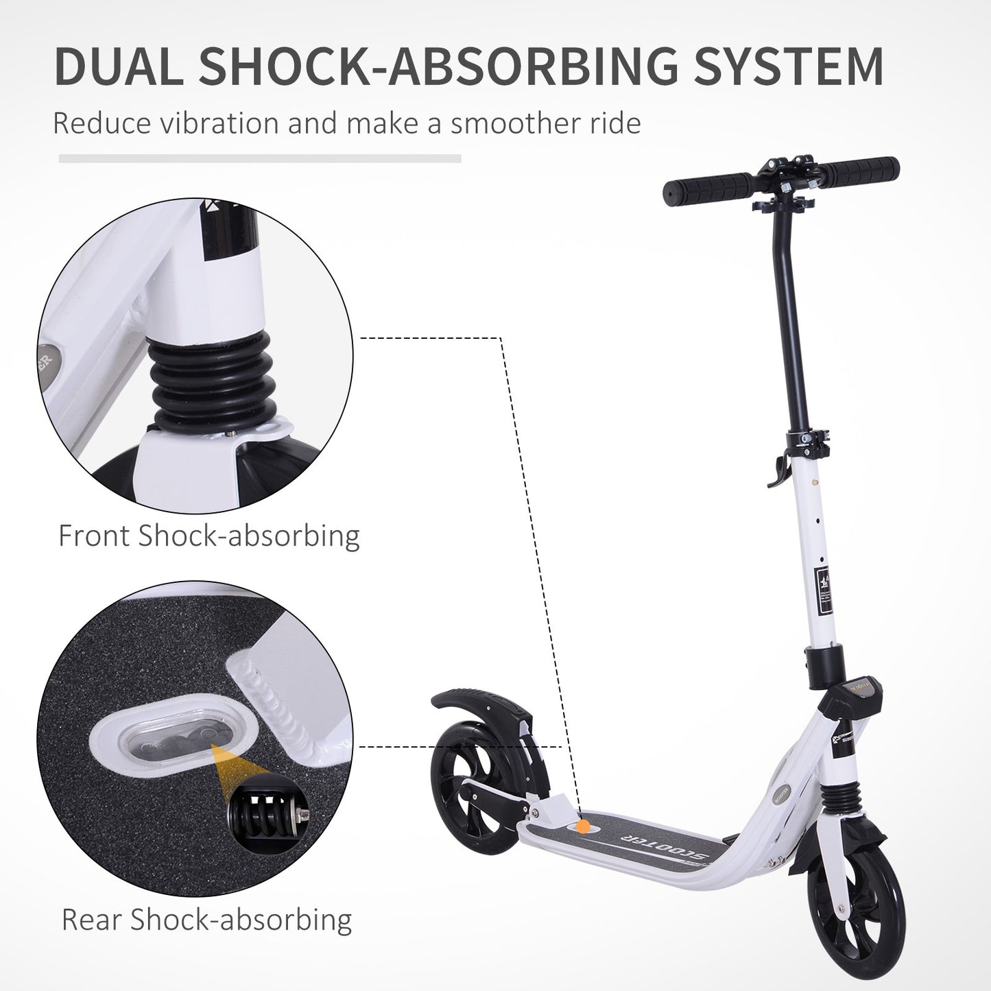 HOMCOM Folding Kick Scooter Teens Adult Ride on Adjustable 2 Big Wheels White