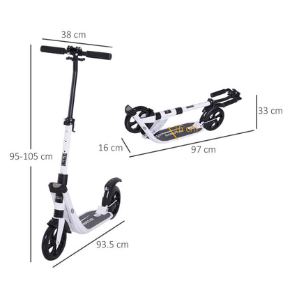 HOMCOM Folding Kick Scooter Teens Adult Ride on Adjustable 2 Big Wheels White