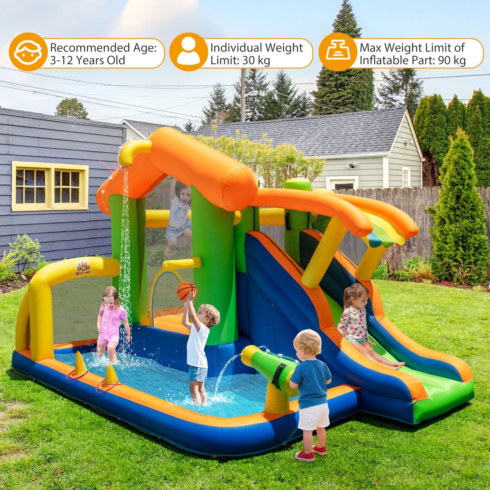 8-In-1 Inflatable Bounce House Water Park with Slide for Kids 3-12